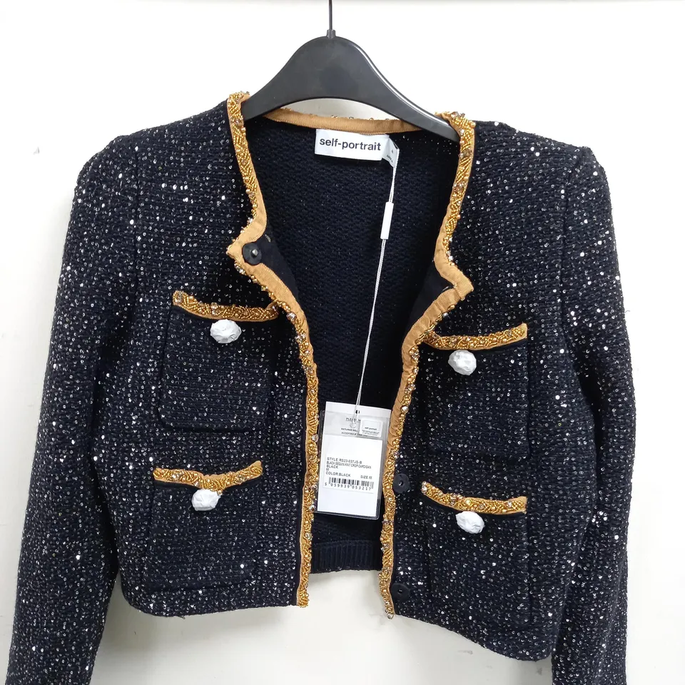 SELF PORTRAIT BLACK SEQUIN KNIT CROP CARDIGAN - M