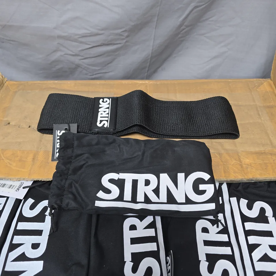 BOX OF APPROXIMATELY 100 RESISTANCE BANDS. STRONG BRANDED BLACK FABRIC STRAPS WITH POUCHES