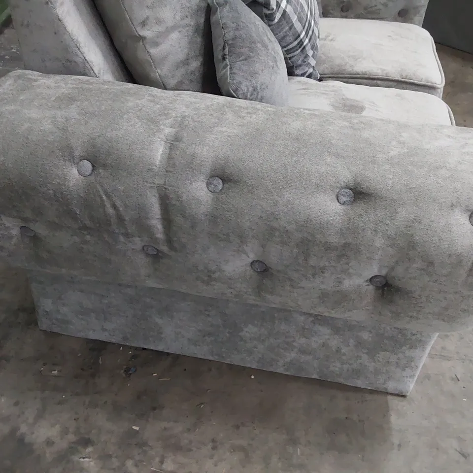 DESIGNER TWO SEATER SCROLL ARM SOFA GREY FABRIC WITH SCATTER CUSHIONS 