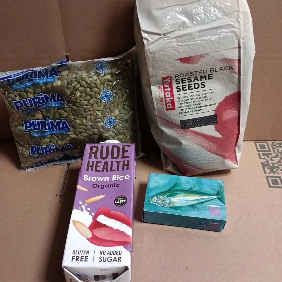 APPROXIMATELY 10 ASSORTED FOOD/DRINK PRODUCTS TO INCLUDE BROWN RICE DRINK, SESAME SEEDS, BONITO TUNA ETC 