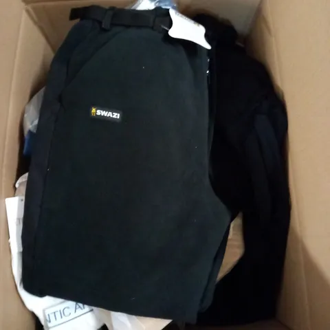 BOX OF ASSORTED CLOTHING ITEMS TOO INCLUDE JUMPERS, SHIRTS AND TROUSERS IN VARIOUS SIZES AND COLOURS