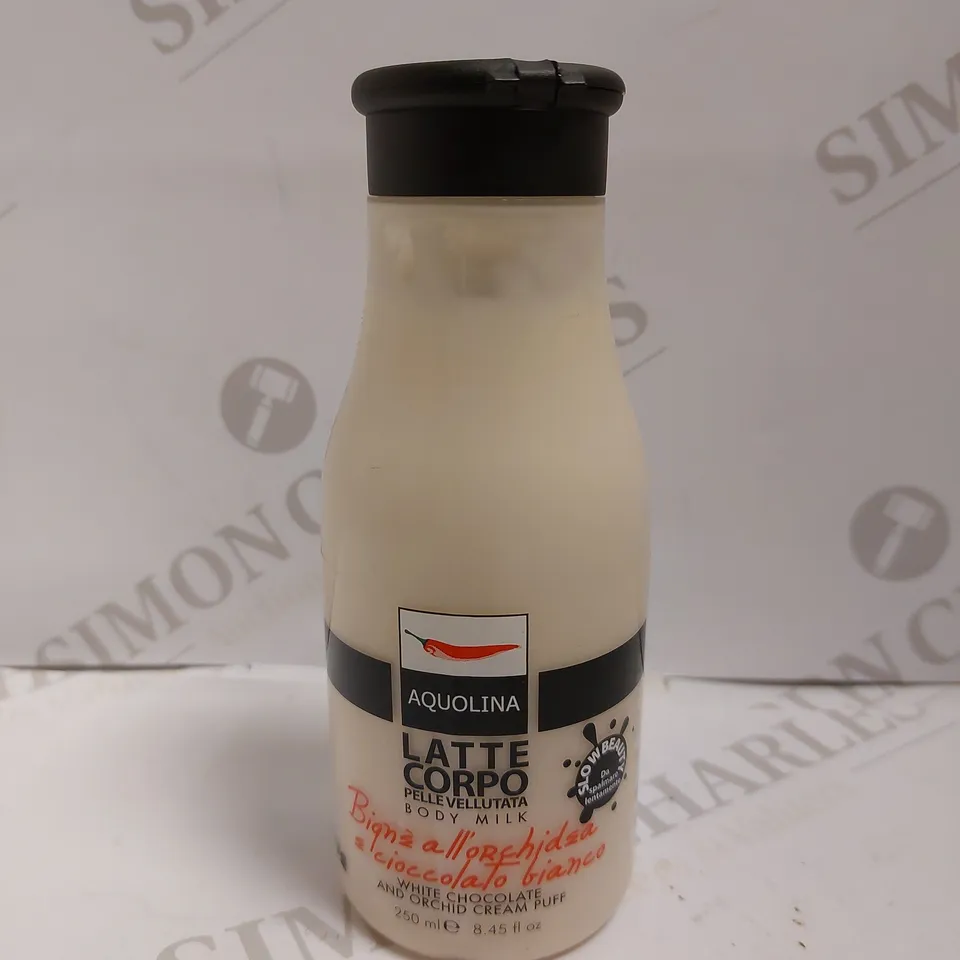 BOX OF APPROXIMATELY 10 AQUOLINA LATTE WHITE CHOCOLATE & ORCHID CREAM PUFF BODY MILK - 250ML 