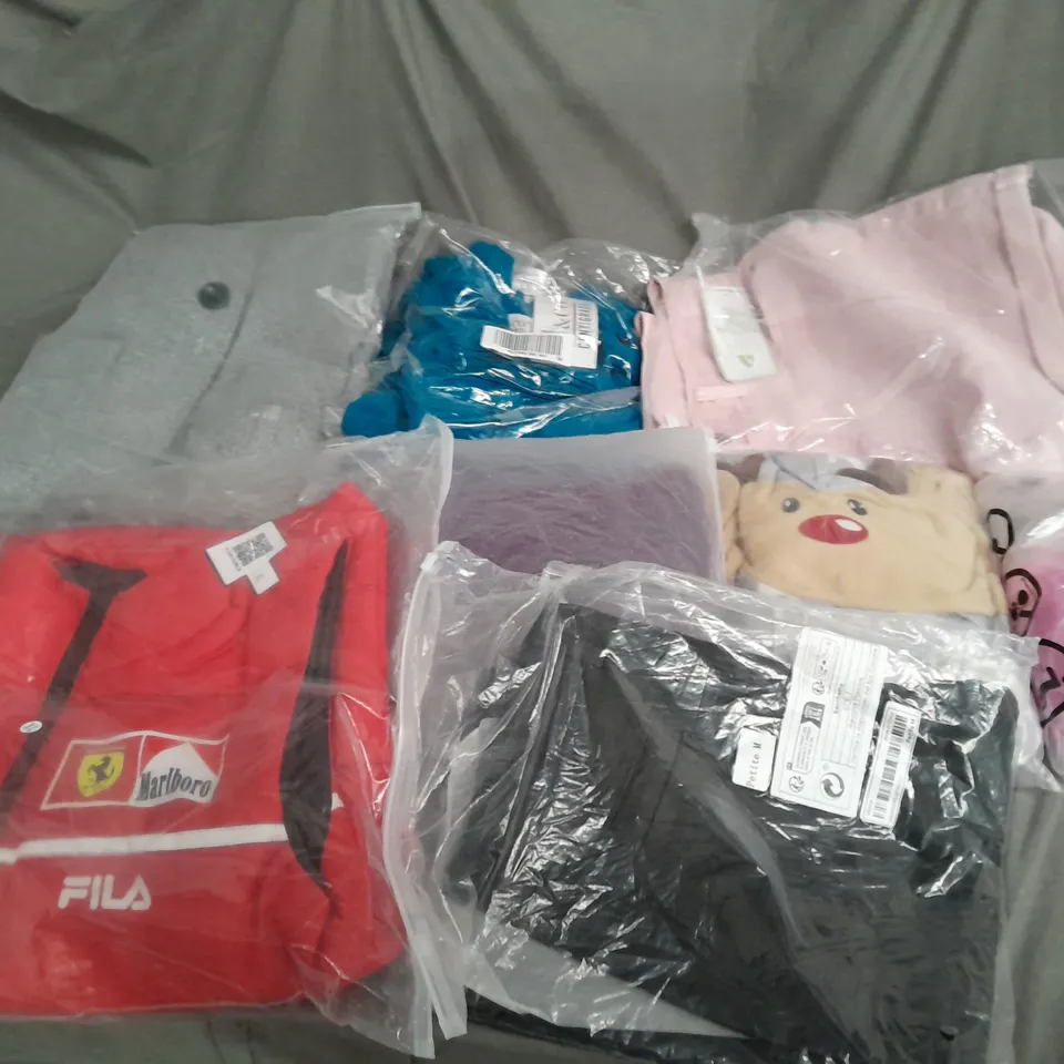 LARGE BOX OF ASSORTED CLOTHING ITEMS IN VARIOUS STYLES, COLOURS AND SIZES