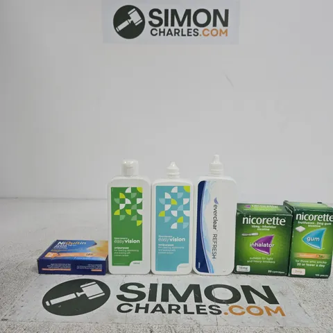TOTE OF APPROXIMATELY 10 ASSORTED ITEMS INCLUDING NICORETTE GUM, NICORETTE INHALATOR AND EVERCLEAR REFRESH
