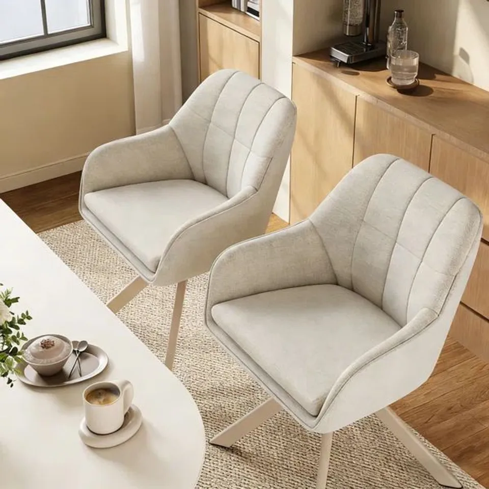 BOXED 51.5CM H LINEN UPHOLSTERED METAL ARMCHAIR IN BEIGE (SET OF 2)