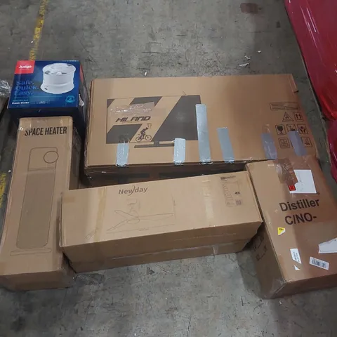 PALLET OF ASSORTED ITEMS INCLUDING: HILAND BIKE, SPACE HEATER, DISTILLER, ELECTRICAL POTATO PEELER, CEILING FAN LIGHT ECT