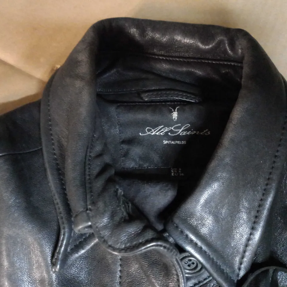 ALL SAINTS BLACK FAUX LEATHER FRINGE JACKET - SIZE 8