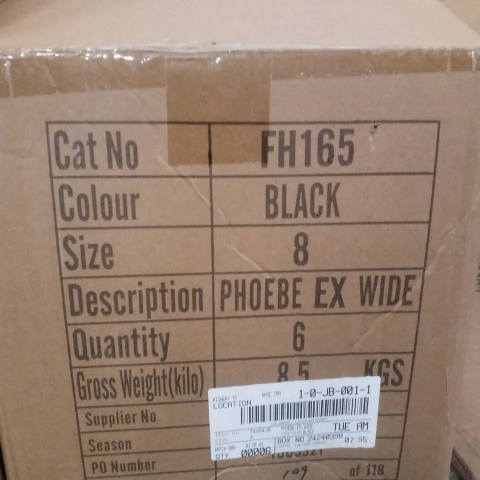 BOX CONTAINING APPROXIMATELY 6 PAIRS OF BRAND NEW SIMPLY BE BLACK PHOEBE EX WIDE SANDALS - SIZE 8