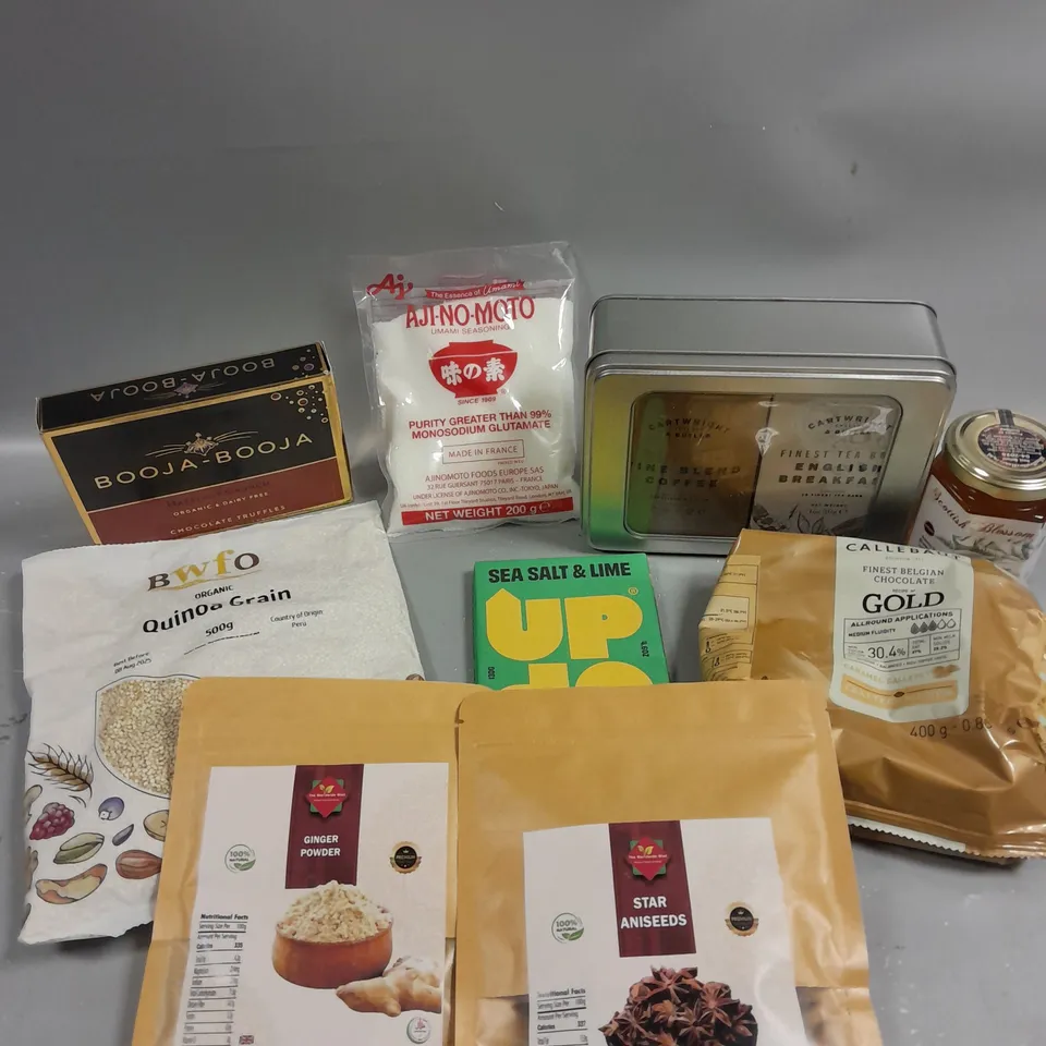 APPROXIMATELY 15 ASSORTED FOOD & DRINK PRODUCTS TO INCLUDE SCOTTISH BLOSSOM HONEY, CALLEBAUT CHOCOLATE, BOOJA-BOOJA TRUFFLES ETC 