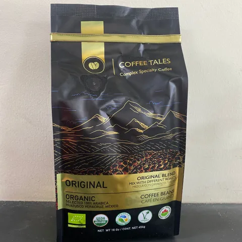 BOX OF 16 PACKS OF BRAND NEW COFFEE TALES ORIGINAL BLEND COFFEE BEANS (Each pack net weight 16oz)