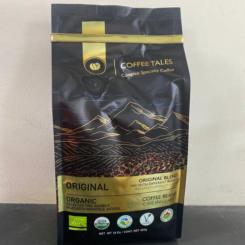 BOX OF 16 PACKS OF BRAND NEW COFFEE TALES ORIGINAL BLEND COFFEE BEANS (Each pack net weight 16oz)