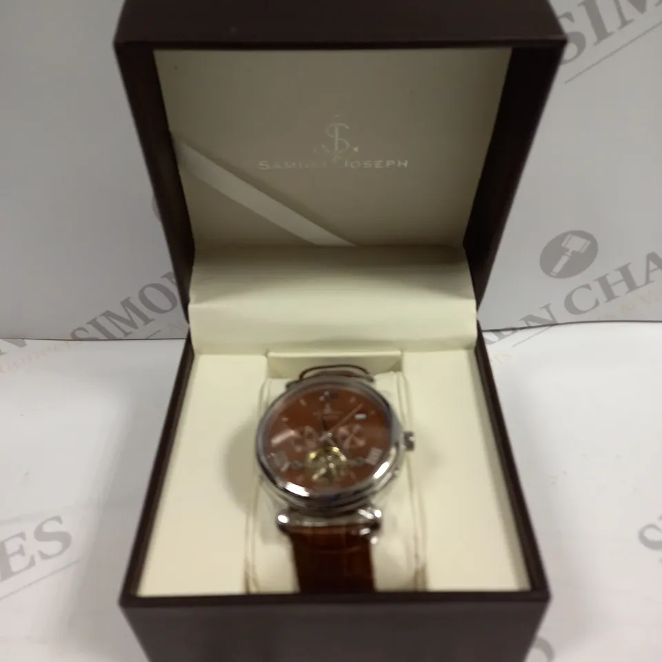 BOXED SAMUEL JOSEPH AUTOMATIC STEEL BROWN WATCH WITH LEATHER STRAP
