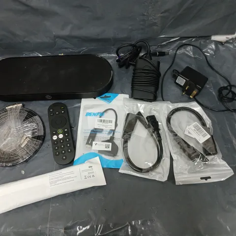 BOX OF APPROXIMATELY 8 ASSORTED ITEMS TO INCLUDE - BT HUB, SKY REMOTE, AND POWER CORD BLOCK  ETC. 