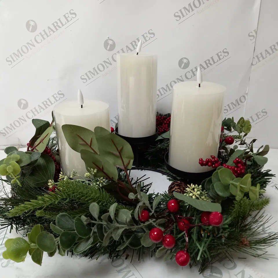 HOME REFLECTIONS 3 IN 1 FLAMELESS CANDLE WITH WREATH SET RED BERRY