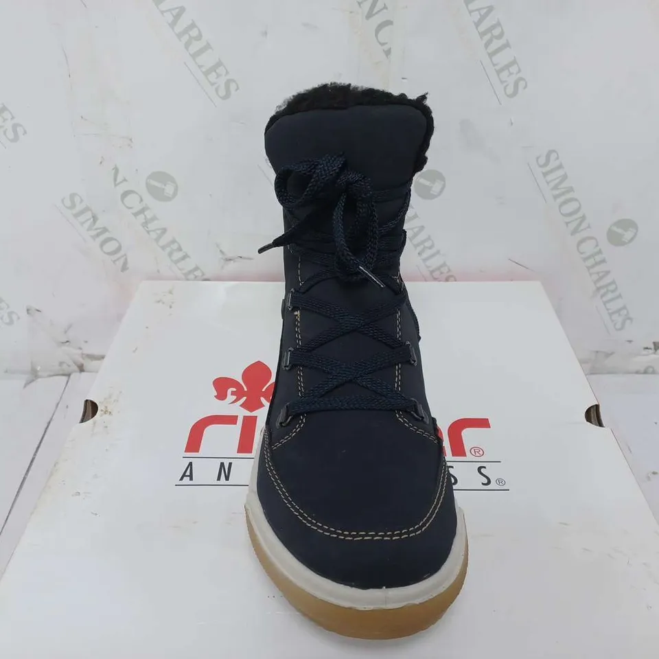 BOXED PAIR OF RIEKER WATER RESISTANT WARM HIKING BOOTS, NAVY - SIZE 42