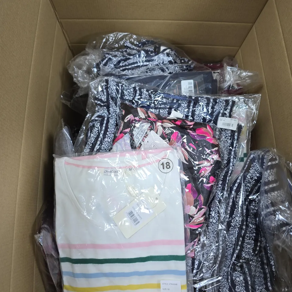 BOX OF APPROXIMATELY 20 ASSORTED CLOTHING ITEMS IN VARIOUS COLOURS, STYLES AND SIZES