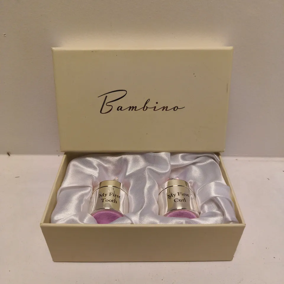 BOXED BAMBINO SILVERPLATED FIRST TOOTH & CURL SET PINK 