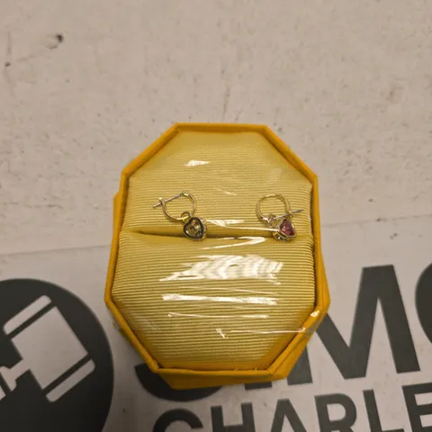 SWARVOSKI SILVER-TONE HEART-SHAPED GEMSTONE HOOP EARRINGS IN YELLOW OCTAGONAL BOX β PINK & DARK STONES