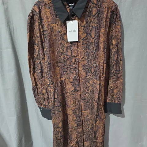 SAINT + SOFIA JACQUELINE SHIRT DRESS - BROWN SNAKE PRINT, UK 12
