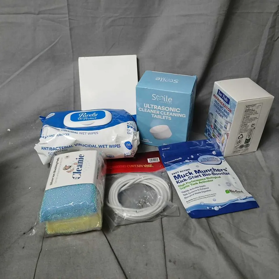 APPROXIMATELY 12 ASSORTED HOUSEHOLD ITEMS TO INCLUDE REFRIGERATOR DEICING AGENT, SILVER ION WASHING PADS, WET WIPES, ETC 