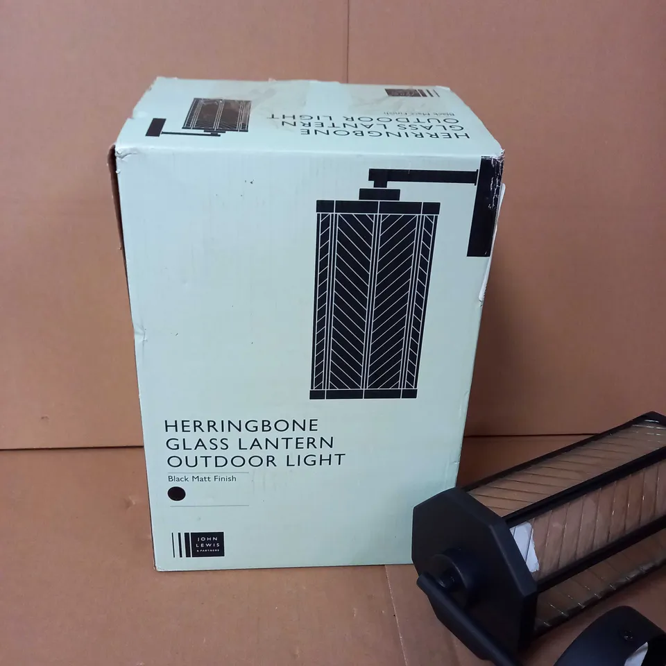 BOXED JOHN LEWIS HERRINGBONE GLASS MATT BLACK LANTERN OUTDOOR LIGHT