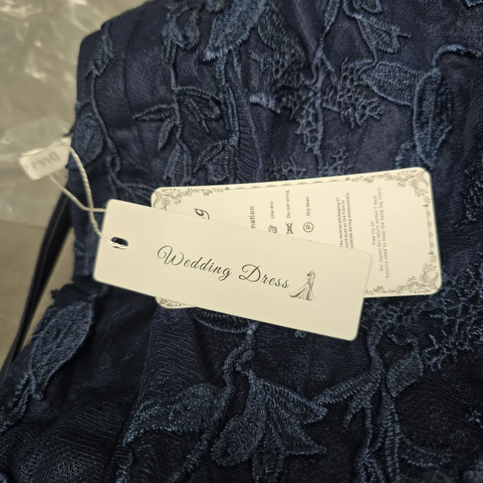 NAVY LACE WEDDING DRESS – FLORAL EMBROIDERY-UK SIZE 6