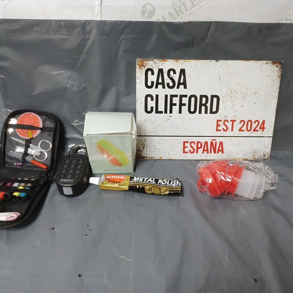 BOX OF APPROXIMATELY 20 ASSORTED HOUSEHOLD ITEMS TO INCLUDE PADLOCK, METAL POLISH AND A MASSAGE BRUSH