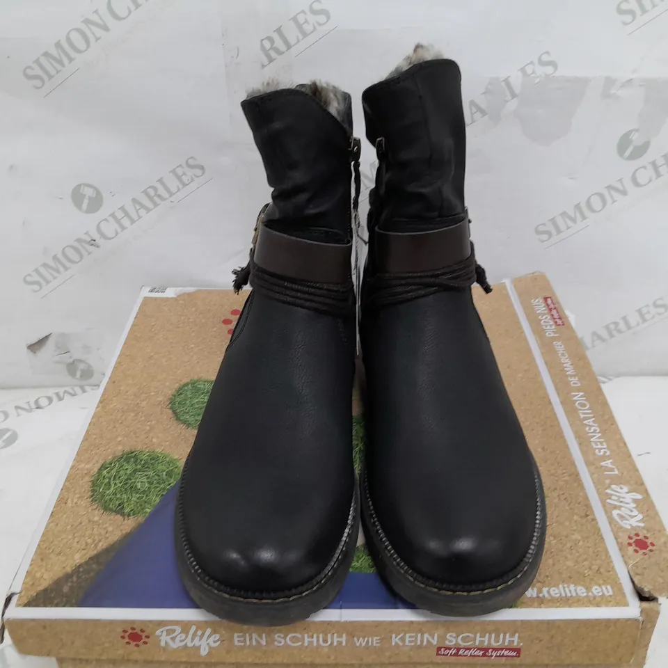 BOXED PAIR OF RELIFE CLAIRE BOOTS IN BLACK - SIZE 38