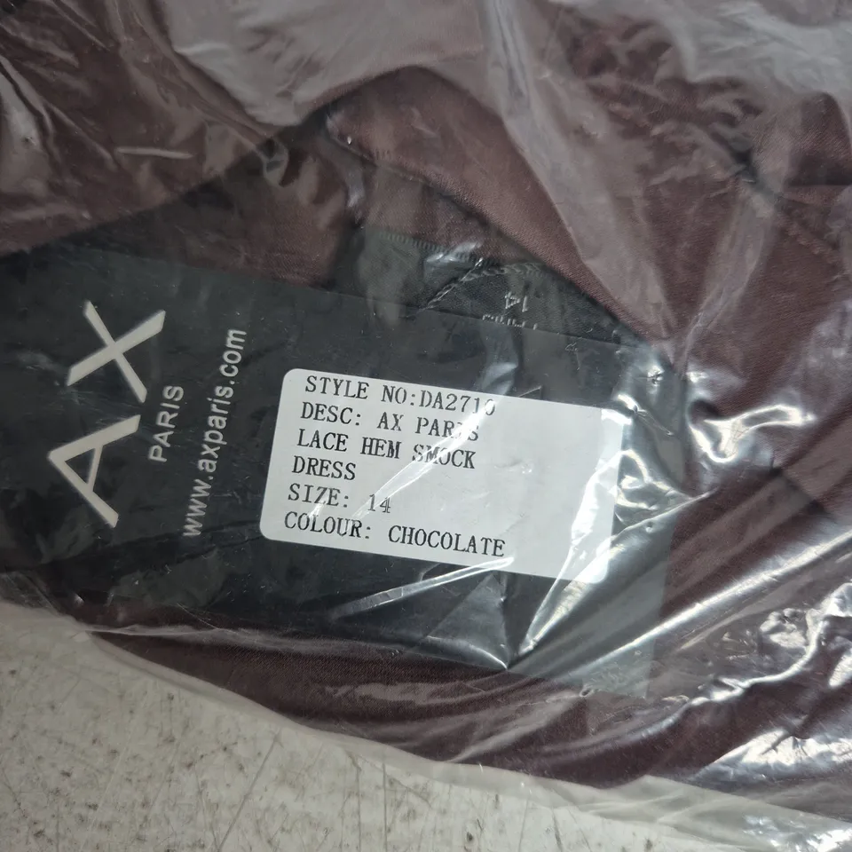 BAGGED AX PARIS LACE HEM SMOCK DRESS – CHOCOLATE, UK SIZE 14