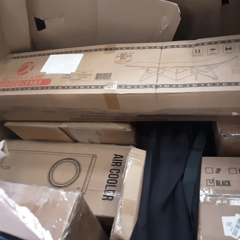 PALLET OF ASSORTED PRODUCTS INCLUDING AIR COOLER, ABLE LIFE UNIVERSAL STAND ASSIST, FOOT BATH, INFLATABLE SWIMMING POOL, WOODEN BED RAIL, ALPHA CAMP FOLDOUT BED