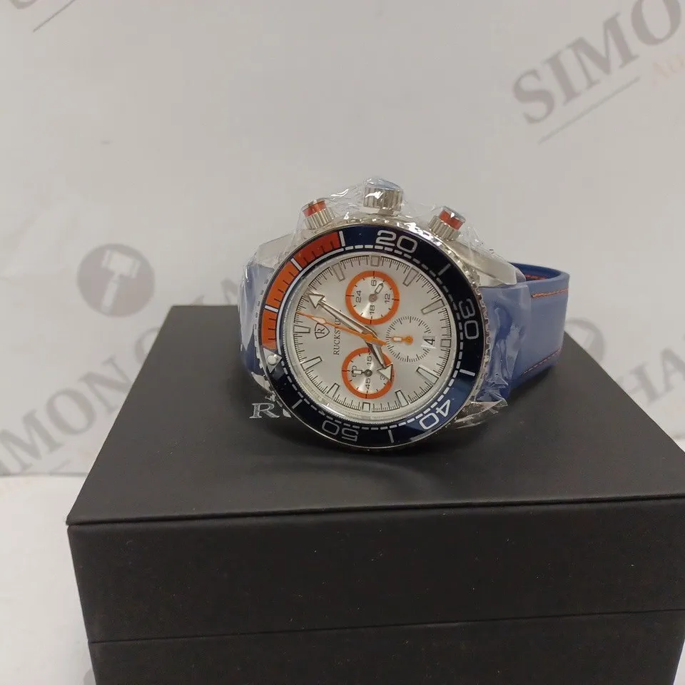 RUCKSTUHL R400 MENS CHRONOGRAPH WATCH - BLUE & ORANGE BEZEL - STAINLESS STEEL CASE - BLUE RUBBER STRAP - DISPLAY BOX