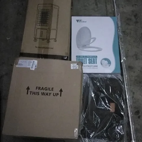 PALLET OF ASSORTED ITEMS INCLUDING AIR COOLER, ADJUSTABLE TENSION ROD, TOILET SEAT, 4 DRAWER WIDE TOWER, HOMIDEC DRYING RACK