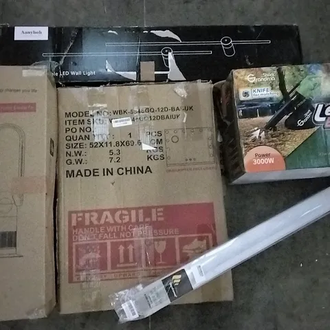 PALLET OF ASSORTED ITEMS INCLUDING BLADELESS PURIFIER & HEATER FAN, LIGHT VANITY MIRROR, DAY AND NIGHT ROLLER BLIND, LEAF BLOWER, RECHARGEABLE LED WALL LIGHT