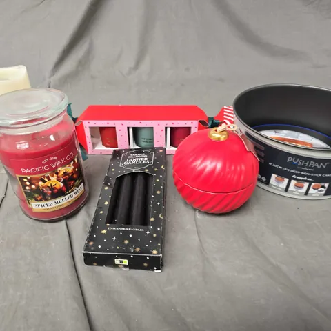 APPROXIMATELY 15 ASSORTED HOUSEHOLD PRODUCTS TO INCLUDE SCENTED CANDLES, CAKE TIN, LED CANDLE ETC
