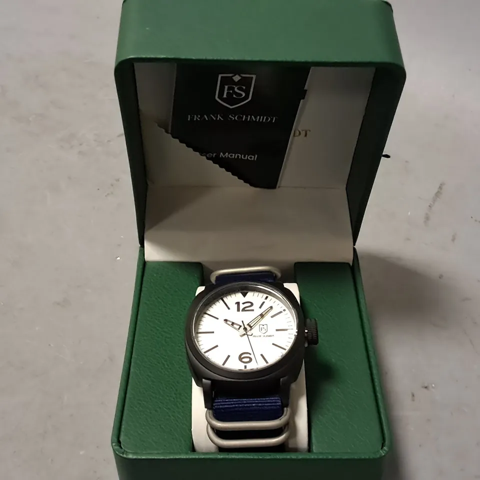 FRANK SCHMIDT STAINLESS STEEL WHITE FACED GENTS WATCH WITH BLUE FABRIC STRAP