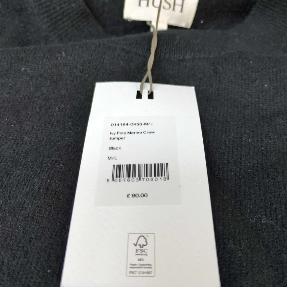 HUSH IVY FINE MERINO CREW JUMPER – BLACK – SIZE M/L