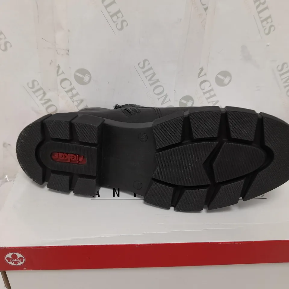 BOXED PAIR OF RIEKER CHUNKY ANKLE BOOTS IN BLACK - SIZE 6