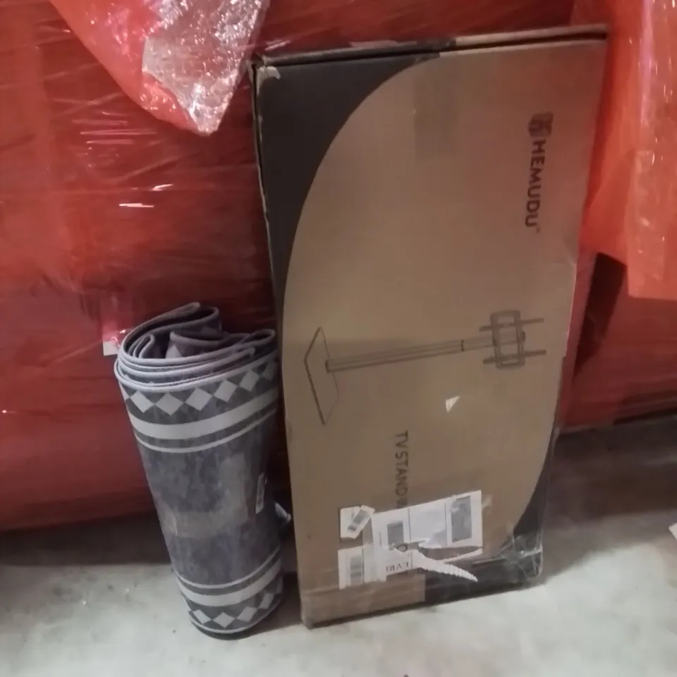 PALLET OF ASSORTED HOUSEHOLD GOODS AND PRODUCTS TO INCLUDE;AREA RUG,TV STAND WALL MOUNTED 