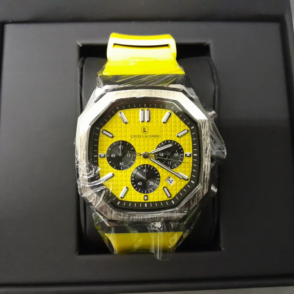 BOXED LOUIS LACOMBE CHRONOGRAPH 3 SUB DIAL WATCH WITH YELLOW RUBBER STRAP