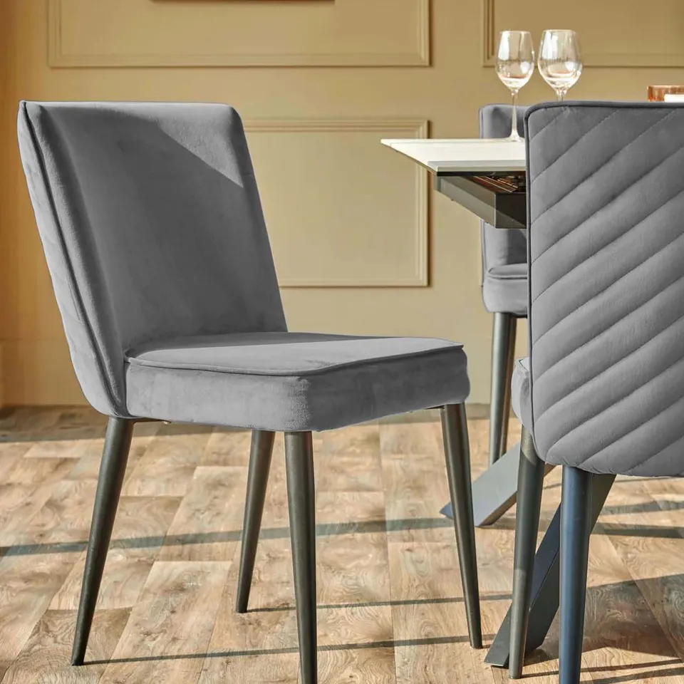 BOXED PAIR OF DANETTI SERENA DARK GREY VELVET DINING CHAIRS (1 BOX)
