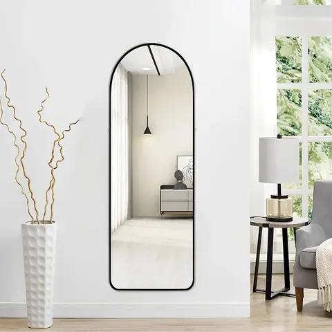 BOXED ARCHED FULL-LENGTH METAL FLOOR MIRROR – FREESTANDING OR WALL-MOUNTED - BLACK