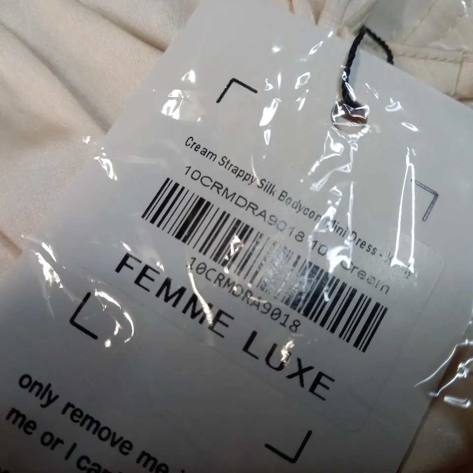 PACKAGED FEMME LUXE CREAM STRAPPY SILK BODYCON MINI DRESS - SIZE 10