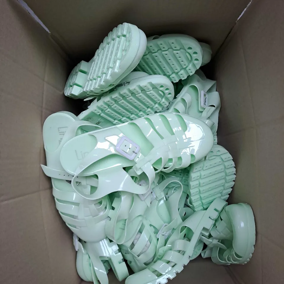 BOX OF APPROXIMATELY 15 PAIRS OF LINZI JELLY SANDALS IN MINT GREEN - VARIUS SIZES