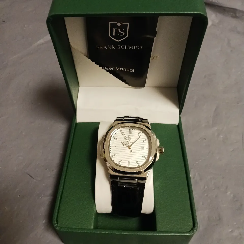 FRANK SCHMIDT WHITE DIAL GENTS WATCH WITH STAINLESS STEEL BACKCASE AND BLACK LEATHER STRAP IN BOX