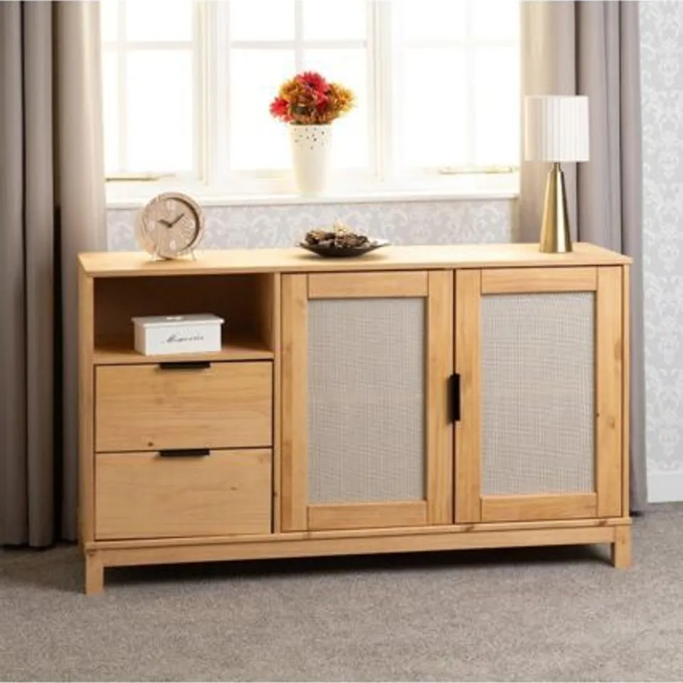 BOXED CORONA RATTAN 2 DOOR 2 DRAWER SIDEBOARD - DISTRESSED WAX PINE AND RATTAN EFFECT (1 BOX)