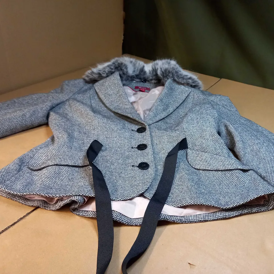 MONSOON BLACK/WHITE/FAUX FUR TRIMMED JACKET - SIZE 14