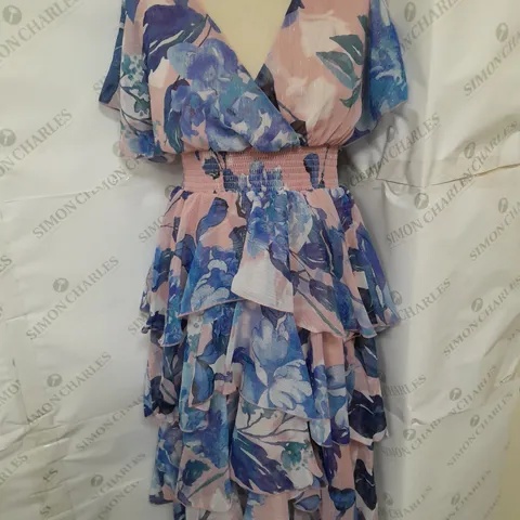 QUIZ TIERED RUFFLE SHORT SLEEVE SHIRRED WAIST DRESS IN PINK AND BLUE FLORAL SIZE 12