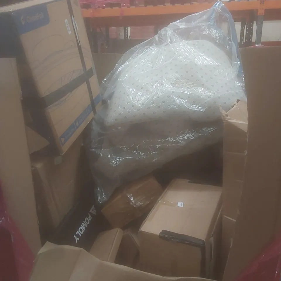 PALLET OF ASSORTED HOUSEHOLD GOODS AND PRODUCTS TO INCLUDE; BABY PEN, CHAIR SUPPORT CUSHION, EINHELL CORDLESS MULTIFUNCTIONAL TOOL ETC