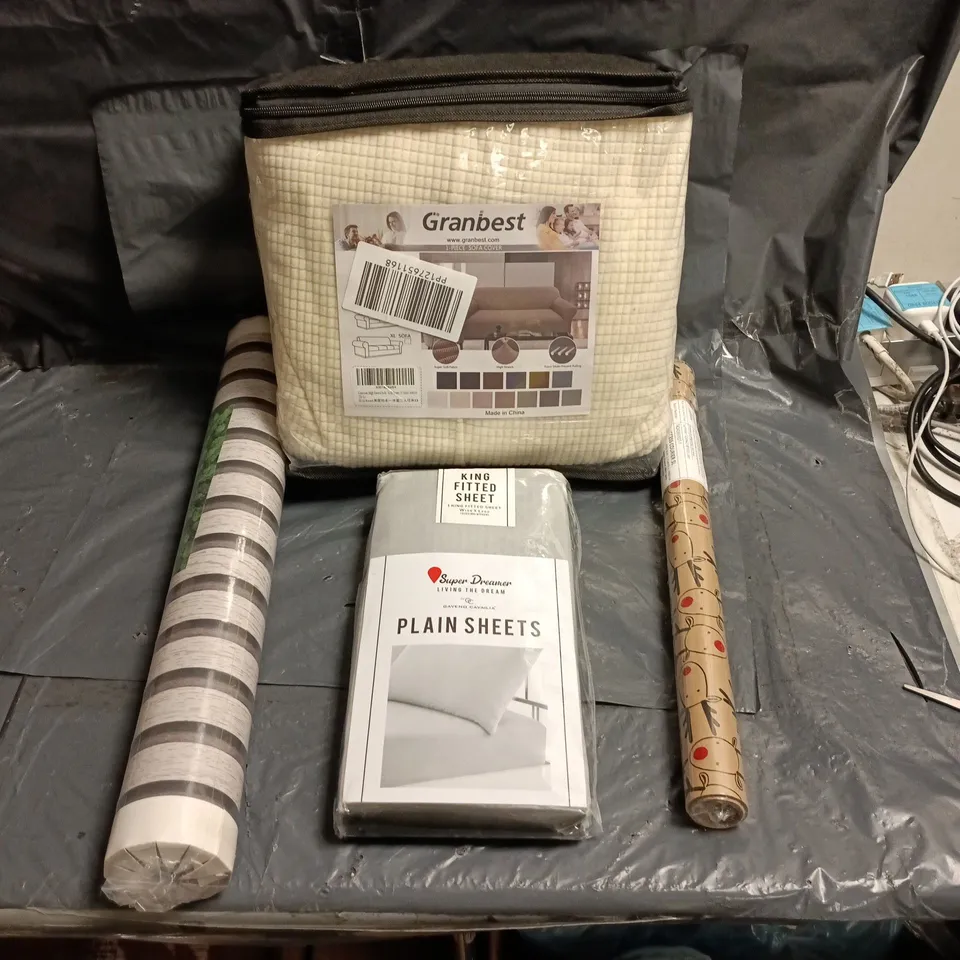 BOX OF APPROXIMATELY 20 ASSORTED HOUSEHOLD ITEMS INCLUDING GRANBEST ONE PIECE SOFA COVER, WALLPAPER, XMAS WRAPPING PAPER AND KING SIZE FITTED SHEET