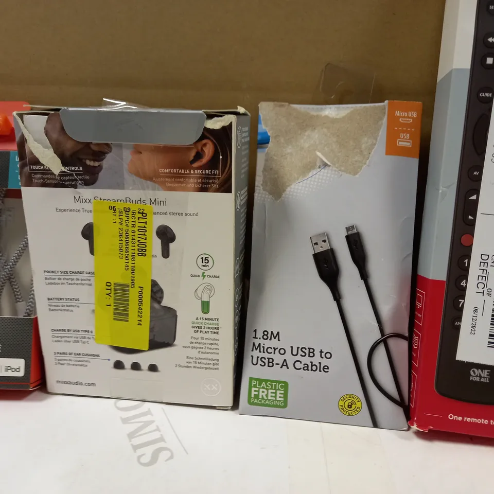 BOX OF APPROXIMATELY 20 ASSORTED HOUSEHOLD ITEMS TO INCLUDE BLACKWEB SYNC AND CHARGE CABLE, MIXX TRUE WIRELESS STREAMBUDS, ONE FOR ALL UNIVERSAL REMOTE, ETC